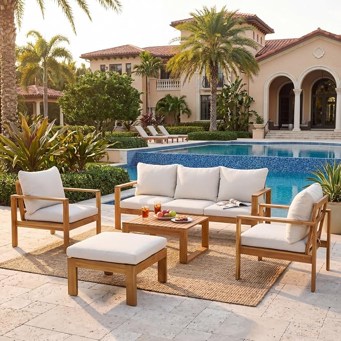 5-Piece Patio Furniture Set, Outdoor Conversation Set with Acacia Wood, Coffee Table and Ottoman, All-Weather Cushions for Backyard, Garden and Poolside(D-Beige)