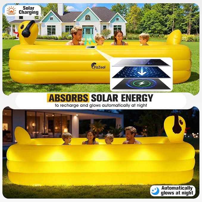 FizZeal Inflatable Pool with Lights,Solar Duck Inflatable Swimming Pool for Kid,Blow Up Pool for Adults,Large Inflatable Kiddie Pool,Durable Thickened Family Inflatable Kid Pool for Backyard 99*62*21