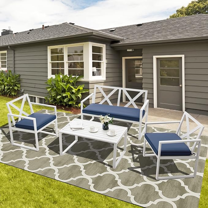 Tangkula 4 Pieces Outdoor Conversation Set, Patiojoy Heavy Duty Steel Frame Patio Chairs with Coffee Table Set, Soft Seat Cushions, for Garden, Backyard, Poolside, Balcony and Deck (Navy)