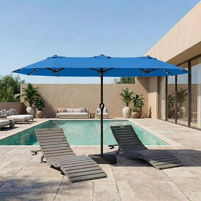 15FT Patio Umbrella with Solar Lights, Double-Sided Extra Large Outdoor Table Umbrella with Base Included, Heavy-Duty 12 Iron Ribs Market Umbrella for Garden, Pool, Backyard, Royal Blue