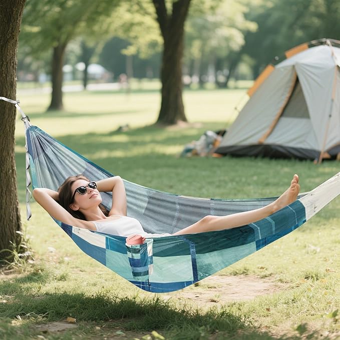 Square Geometric Plaid Stripe Embroidery Robin Blue 330lb Capacity Outdoor Hammock with Hanging Ropree Hammock for Indoor Outdoor Patio Base para hamacas para adultos