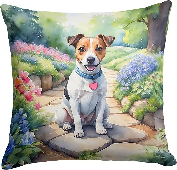 Caroline's Treasures Jack Russell Terrier Spring Path Throw Pillow Machine Washable, Indoor Outdoor Decorative Pillow for Couch, Bed or Patio, 14Hx14W