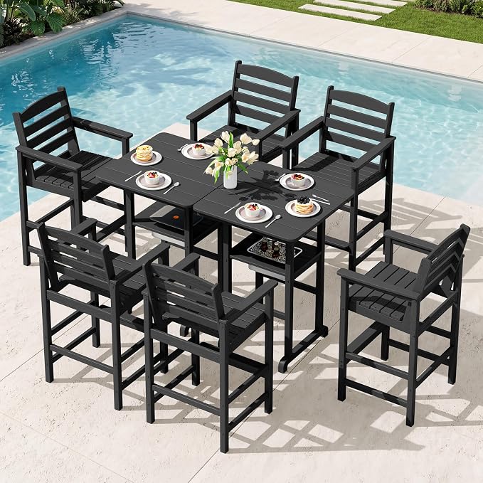 SERWALL Adirondack Bar Chairs and Table 8 Pieces Set, HDPE Bar Height Chairs Set of 2 and Bar Table with Ice Bucket, Outdoor Bar Stools Set for Dining, Balcony, Poolside, Backyard, Black