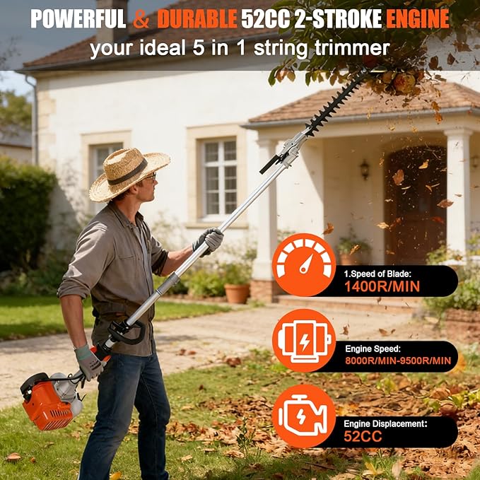 52CC Weed Eater Gas Powered, 5-in-1 Gas Edge Trimmer,Lightweight Petrol Hedge Trimmer,2-Stroke Lawn Trimmer,Chainsaw Brush Cutter,Cordless Grass Shear Handheld Trimmers for Lawn Care (red)