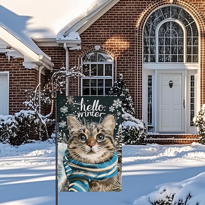 Hello Winter Garden FLag 12X18 IN Double Sided Cat Garden Flags for Christmas Holiday Farmhouse Yard Outside Decoration