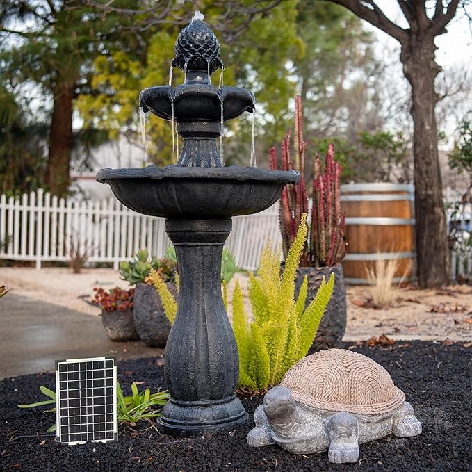 XBrand 44" Solar Powered 2-Tier Outdoor Water Fountain, Fiberglass Resin Fountain with Solar Panel and Auto Shut-Off Pump, Black