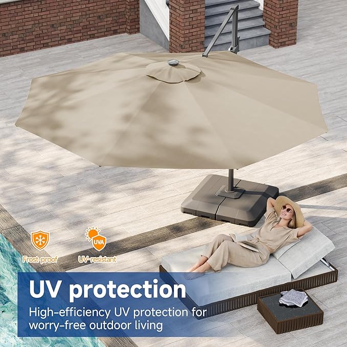 FLAME&SHADE 11ft Cantilever Patio Umbrella with Base, Round Offset Umbrella with Solar Light Strips, Large Heavy Duty Outdoor Aluminum 360° Rotation,for Deck,Pool,Backyard