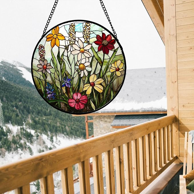 DASTOLL Stained Glass Window Hanging, Colorful Wildflowers Plant Scenery Suncatcher for Doors Window Home White Green Sun Catchers Decor Mother's Day Birthday Gifts for Women, Men Mom 15 in