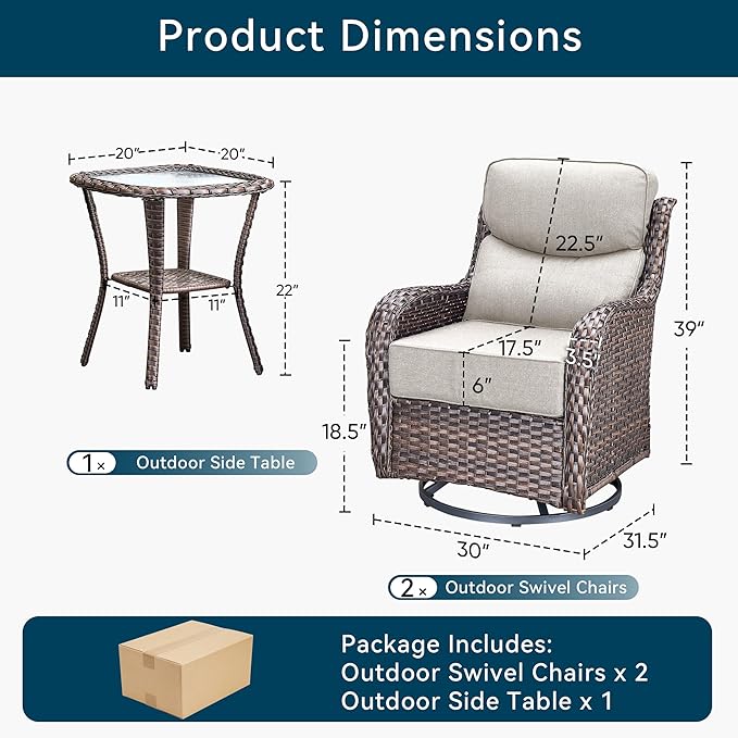 Luxury Outdoor Swivel Rocker Patio Chairs-3 Piece Wicker Patio Rocking Chairs Set of 2 with Glass Side Table 6" Thick Cushions High Back Outdoor Furniture Sets for Deck Porch Balcony(Brown/Beige)