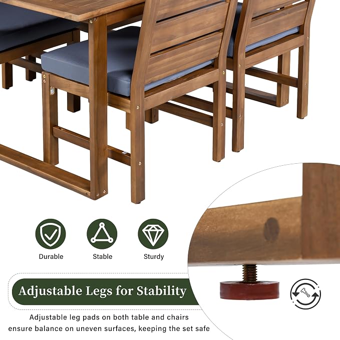 Farmhouse 5-Piece Outdoor Patio Dining Set for 4, Acacia Wood Table with Adjustable Legs, for Backyard Garden Deck (Brown,Gray 2)