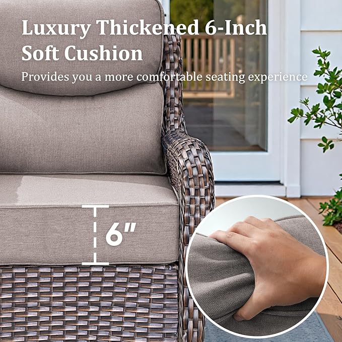 Luxury High Back Patio Furniture Set Fire Pit Table with 6-Inch Thick Cushions, 5-Pieces Outdoor Furniture w/ 4 Swivel Chairs, Wicker Conversation Set for Porch, Balcony, Deck and Yard, Brown/Grey