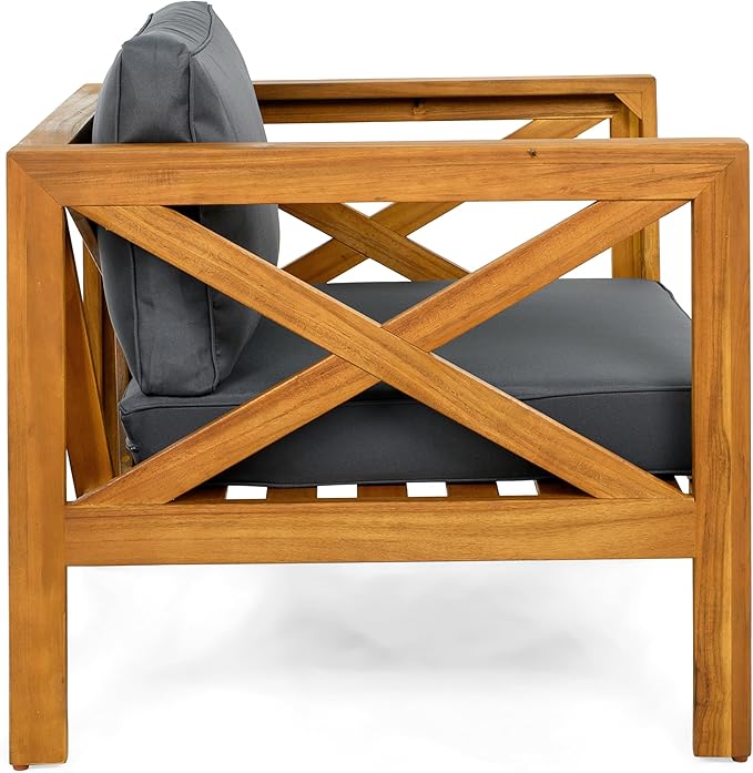 Christopher Knight Home Lucy Acacia Wood Outdoor Patio Furniture Set, 3 Pieces Patio Set, Round Side Table and ArmChairs Conversation Set with Cushion for Garden Lawn Balcony, Dark Gray + Light Teak