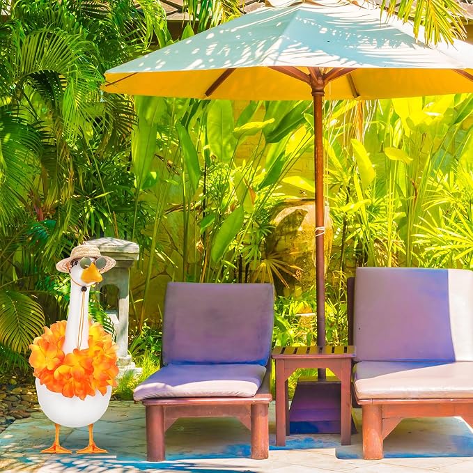 Shyyween Summer Porch Goose Outfits for Plastic Goose 23/17'' Hawaiian Lawn Patio Statue Clothes Straw Hat and Hawaiian Lei Costume(Tropical Orange)