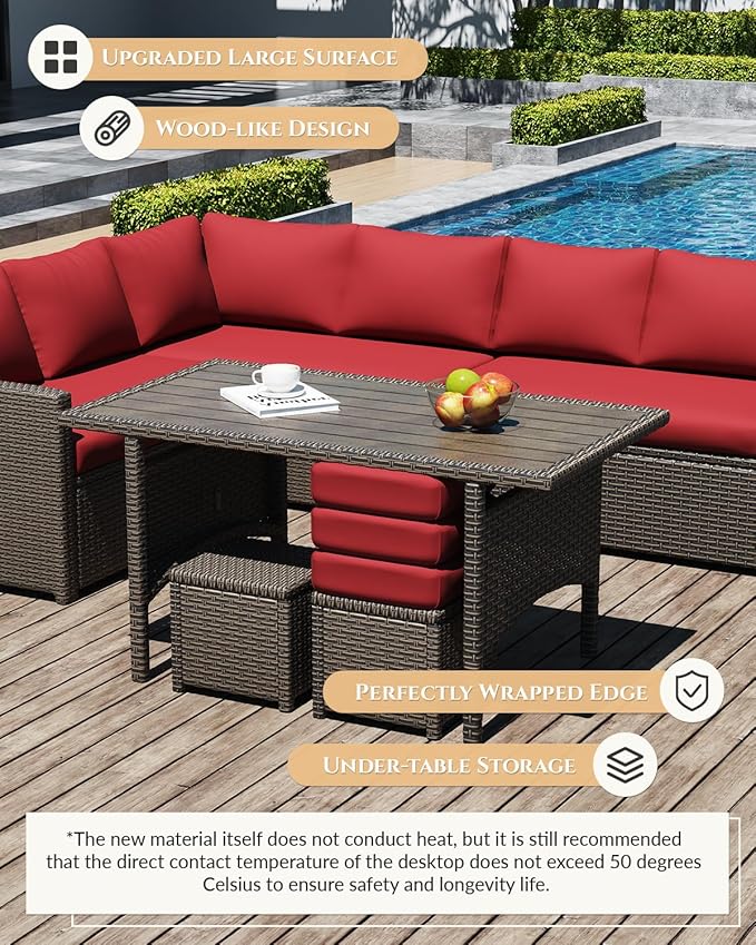 U-MAX 7 Pieces Patio Furniture Set with Waterproof Cover, Outdoor Sectional Sofa Conversation Set, All Weather Wicker Rattan Dining Table & Chair with Ottoman, Brown Rattan&Red Cushion