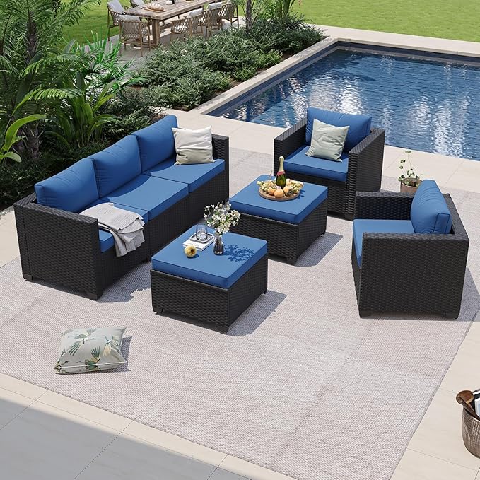Aoxun Patio Furniture Set, 5 Piece Outdoor Sectional Sofa with Ottomans, Wicker Outdoor Furniture Conversation Sets with Waterproof Cover for Backyard Navy Blue
