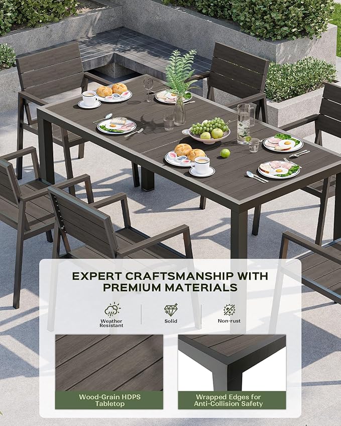 Vexwalx 67" HDPS Outdoor Patio Dining Table, Aluminum-Edged Outdoor Dining Table with Umbrella Hole, Weather-Resistant for Lawn, Garden, Poolside and Indoor Use, Charcoal