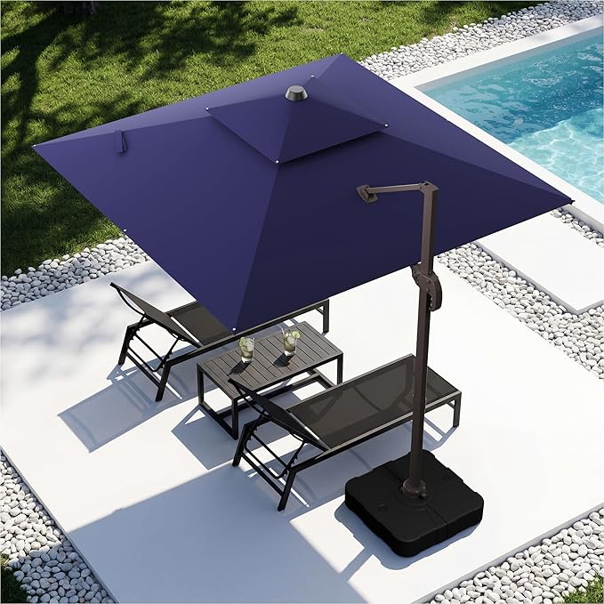 10x10FT Cantilever Outdoor Patio Umbrellas，Double Top Large Square Umbrella Heavy Duty 360°Rotation Offset Outdoor Sun Shade Umbrella for Garden Deck Pool Backyard Patio, Navy Blue
