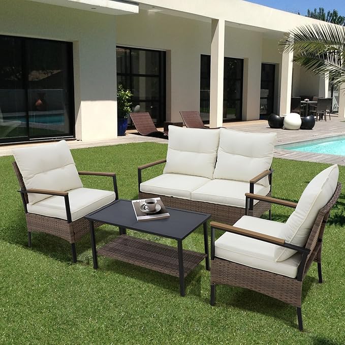 COOS BAY Sunset Haven Outdoor Patio Furniture Set, Outdoor Conversation Set, Rattan Wicker Sofa, Loveseat, 2 Patio Chairs and Coffee Table, Brown/Beige