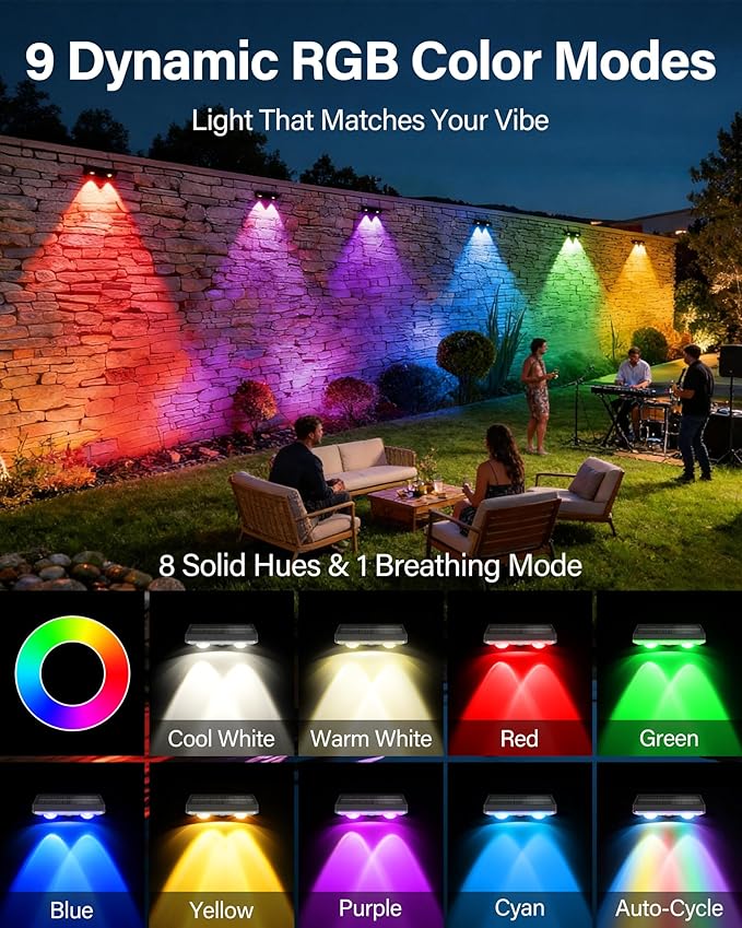 Solar Fence Lights Outdoor, 2 Pack Ultra-Bright 85LM Fence Lights Solar Powered, 9 RGB Color Modes, IP65 Waterproof, 12H Dusk to Dawn Glow for Pool/Deck/Patio/Wall/Backyard - Black