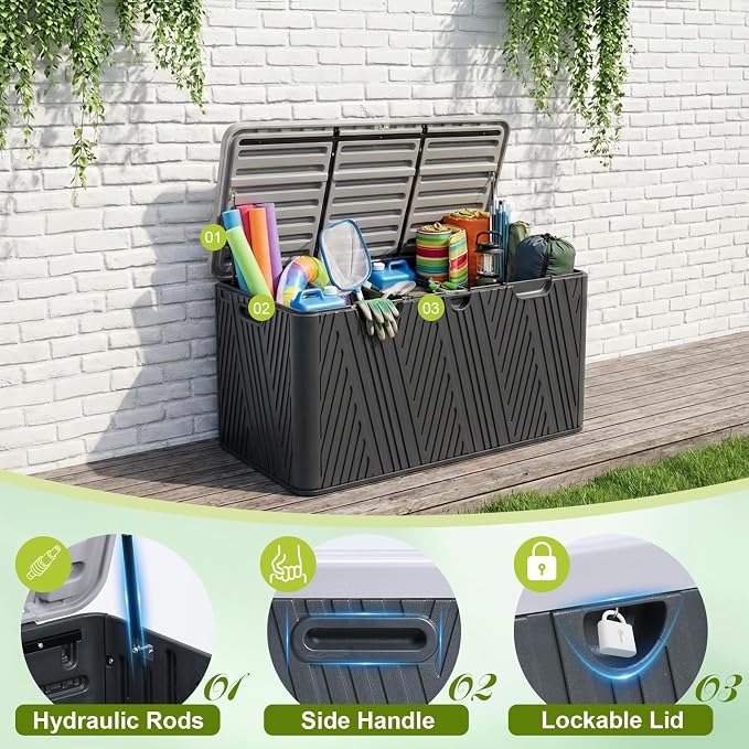 BPS 85 Gallon Resin Deck Box, Outdoor Storage Box Waterproof & Weather-Resistant Lockable, Large Patio Storage Container for Cushions, Garden Tools
