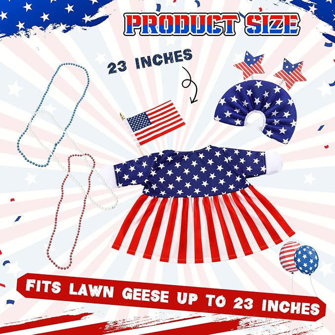 4th of July Porch Goose Outfit American Flag Goose Dress 250th Anniversary Red White and Blue Clothes with Star Headband Costume, Veterans Day Patriotic Yard Decor for 23" Gooses Statue