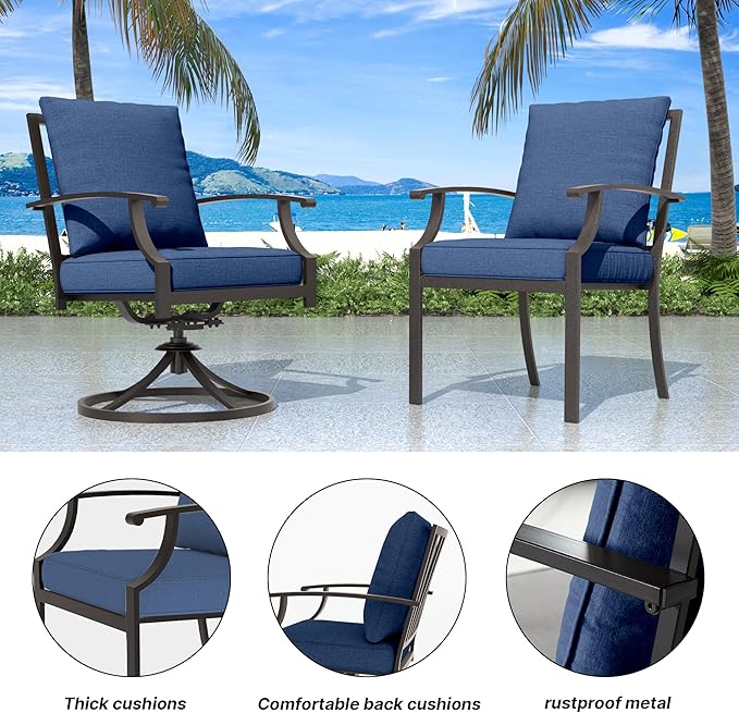 5 Pieces Outdoor Patio Furniture Set with 48" Round Propane Fire Pit Table,Patio Dining Set Outdoor Conversation Sets 4 Swivel Chairs for Deck,Backyard and Garden,Dark Blue