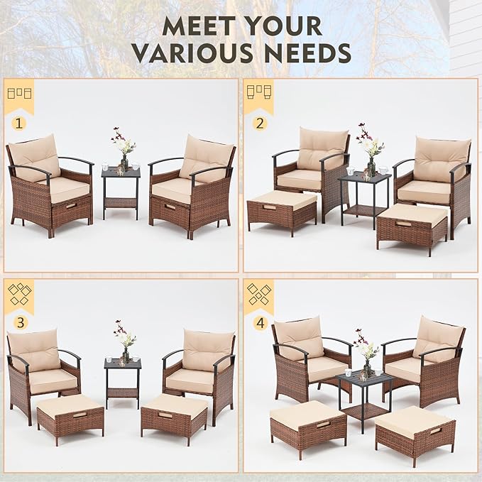 AVAWING 5 Pieces Patio Furniture Set, Outdoor Rattan Chairs with Metal Coffee Table, Ottomans & Soft Cushions, Wicker Conversation Bistro Set for Garden, Deck, Balcony, Poolside(Beige)