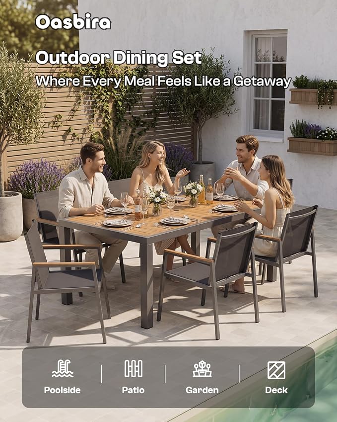 Outdoor Dining Set for 4, Aluminum Patio Table and Chairs Set, 5-Piece All Weather Patio Dining Furniture Set with Umbrella Hole for Backyard, Deck, Poolside (Gray-Teak)