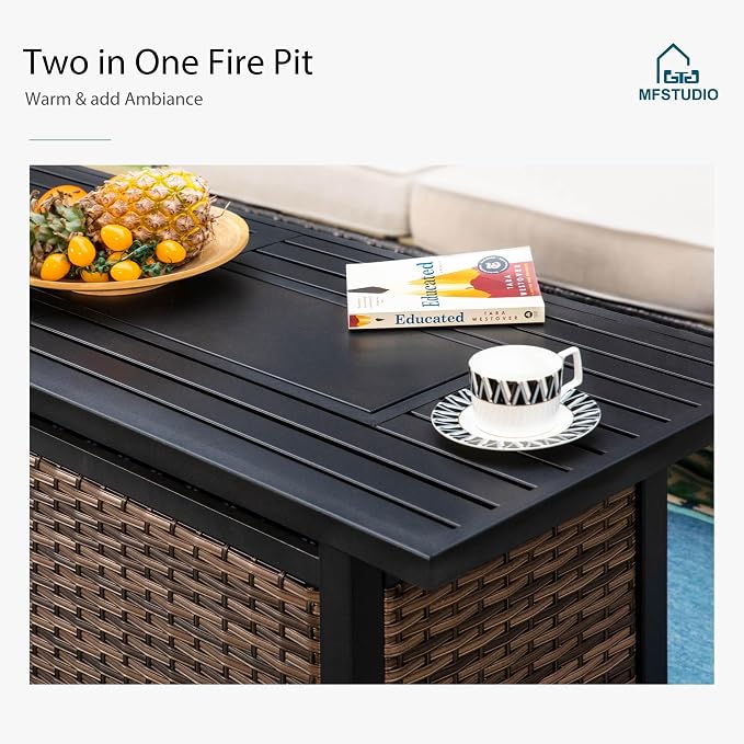 MFSTUDIO 4 Pieces Outdoor Patio Furniture Set, Metal Outdoor Conversation Set, Rattan Wicker Patio Sectional Set with 2 x Fixed Single Sofa, 3-Seat Sofa, 1 x Fire Pit Table, Red