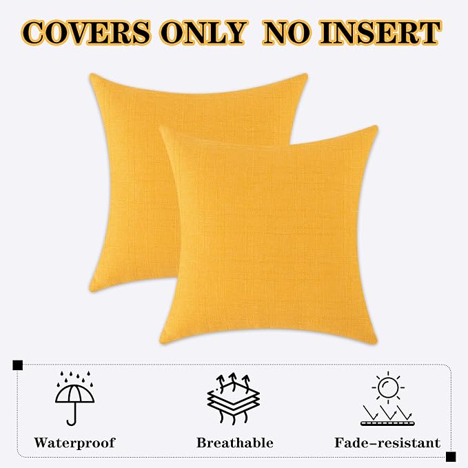 Kevin Textile Outdoor Waterproof 16”x16” Pillow Covers 2 Pack, Dark Yellow | Water Resistant, Soft Faux Linen-cotton Yarn-dyed Woven Texture Throw Pillow Covers for Tent Patio Garden Couch Sofa