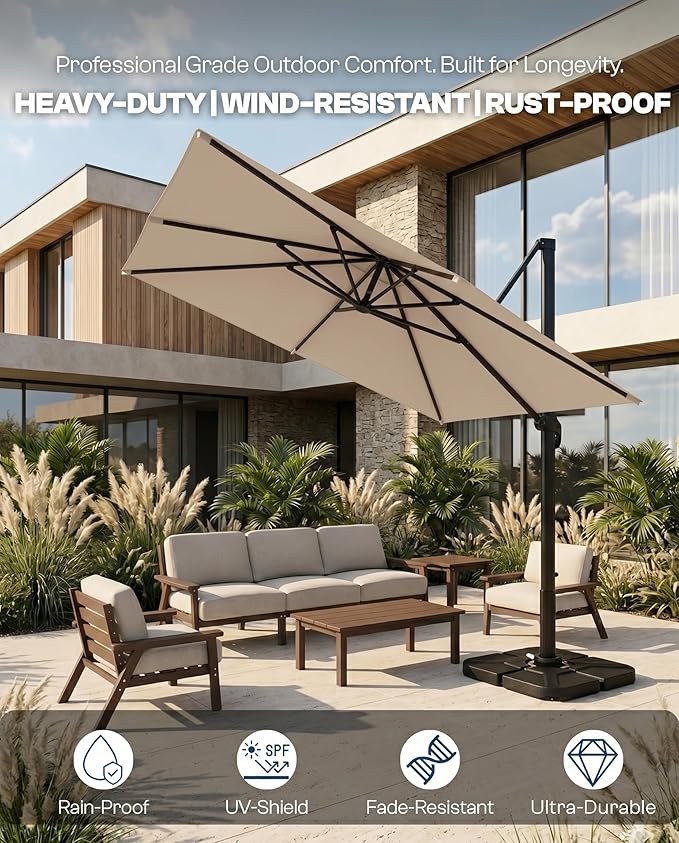 9x9 FT Square Cantilever Umbrella,Easy Tilt, Fade Resistant & 360° Rotation, Offset for Pool Deck Backyard Patiobeige (Base not Included)