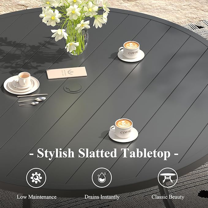 Outdoor Dining Table for 8, 60" Round Outdoor Table with Adjustable Umbrella Hole, All-Weather Metal Patio Dining Table for Lawn Garden Backyard Deck, Black