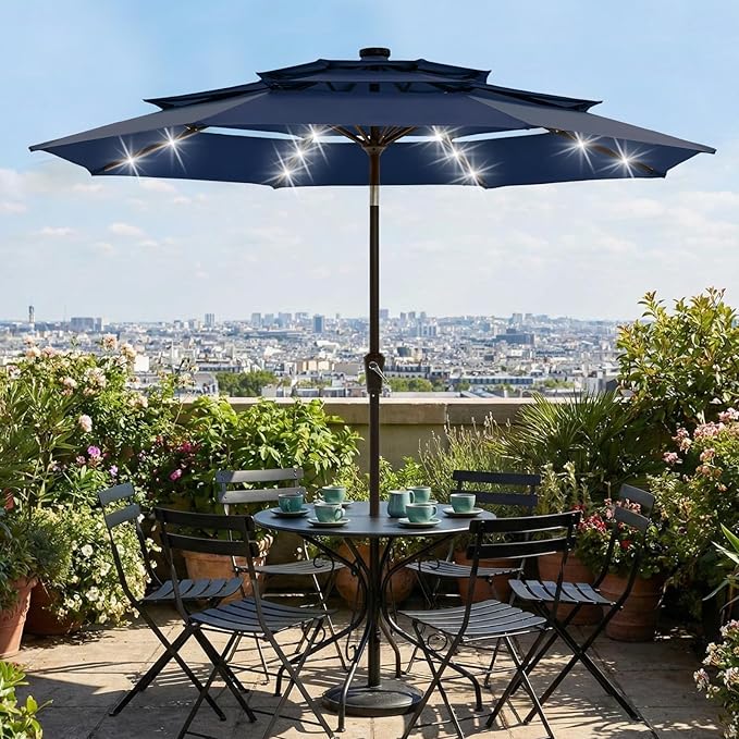 Garvee 9ft 10ft Patio Umbrella with Solar Lights, 3-Tier Umbrella Outdoor Patio with LED Lights, Ventilation, Easy Crank & Tilt, 8 Sturdy Ribs, UV Protection, Large Patio Umbrella for Deck, Pool