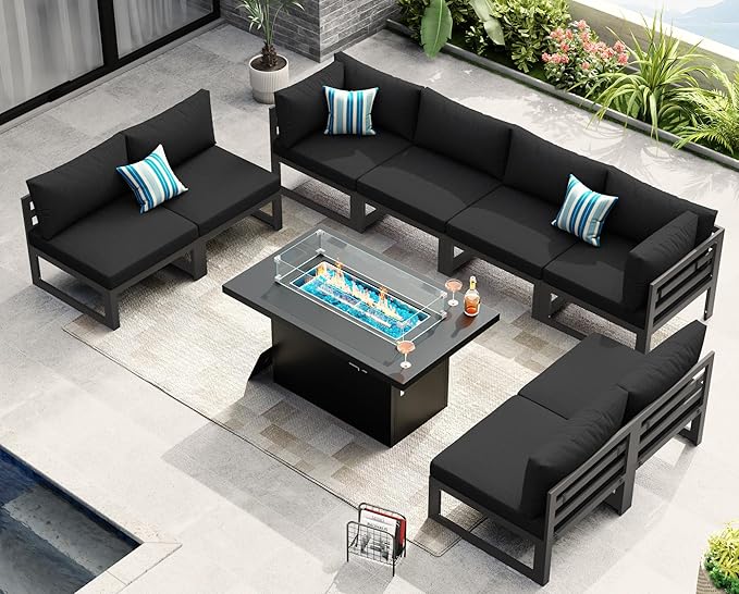 NICESOUL 9 Pcs Large Modern Aluminum Outdoor Patio Furniture Set with Fire Pit Table Propane/Gas, 29" Wide Deep Seat, Fade Resistant Sectional Sofa, 500 lbs Sturdy Conversation Set for Backyard, Black