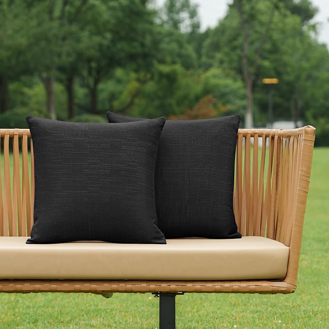 NiNi ALL Waterproof Outdoor Pillow Covers 22x22 Set of 2 Patio Black | Faux Linen Textured Decorative Solid Throw Pillow Covers Farmhouse for Garden Furniture Tent Balcony Couch Sofa Cushion