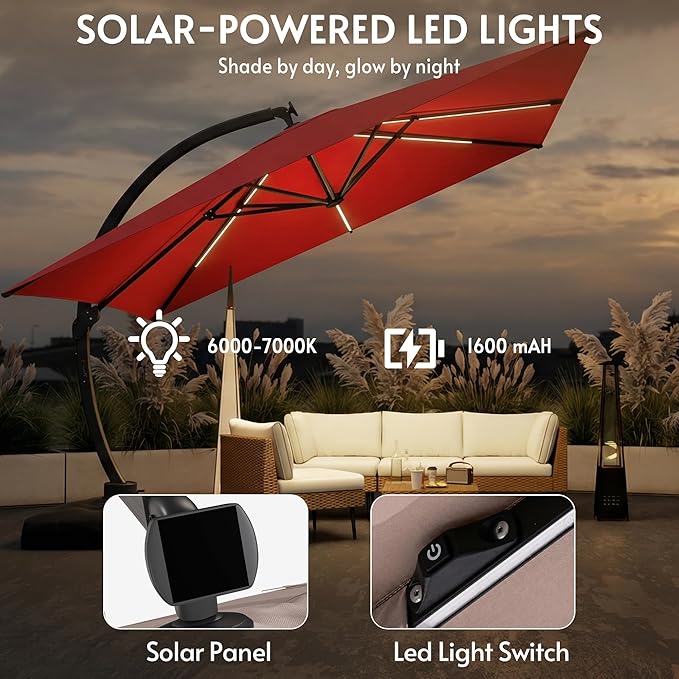 11x11FT Solar Powered LED Light Cantilever Patio Umbrella with Base Included, Large Cantilever Umbrella with 360°Rotation, Heavy-Duty Offset Outdoor Umbrella for Patio,Pool,Backyard (Red)
