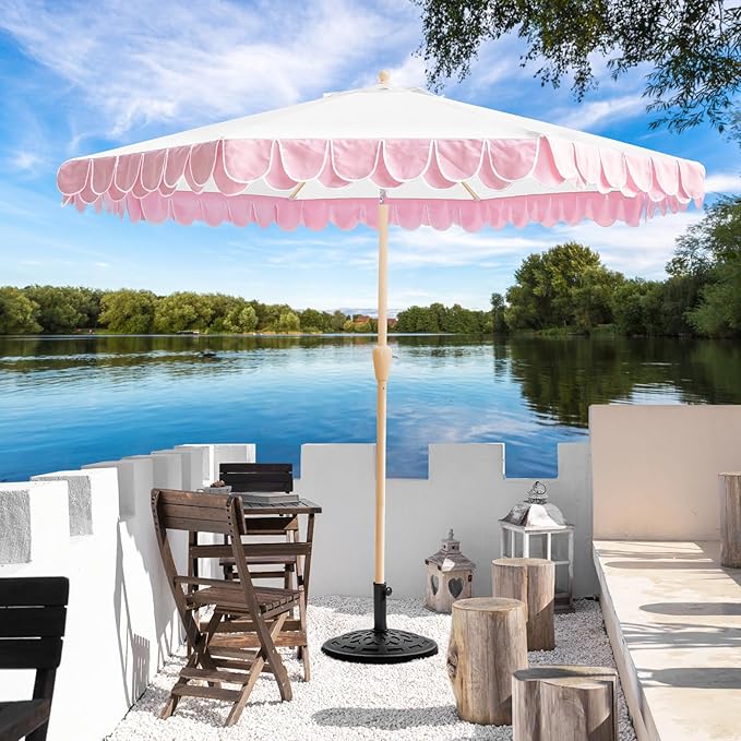 9Ft Elegant Valance Patio Umbrella, Outdoor Umbrellas for Patio with Auto-Tilt and Crank Systerm, Table Umbrella for Outdoors, Poolside,Beach, Backyard
