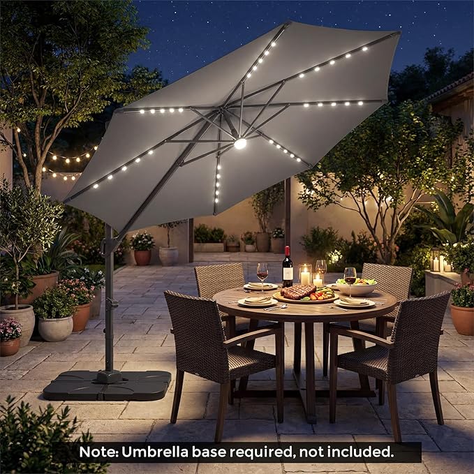Tangkula 10ft Patio Umbrella with Solar Lights, Offset Cantilever Square Outdoor Umbrella with 35 LED Lights, Aluminum Pole, 360 Degree Rotation, Tilt Adjustment, Air Vent for Pool Deck Yard (Gray)