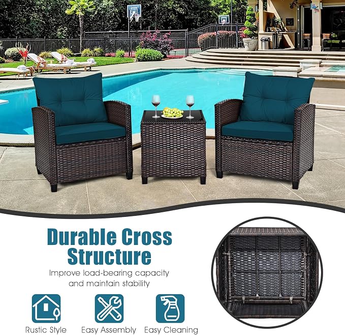 3-Pieces Patio Furniture Set, PE Wicker Chairs Sofa Set with Removable Cushions & Glass Top Side Table, Outdoor Wicker Rattan Conversation Chair for Porch,Backyard, Balcony (Peacock Blue)