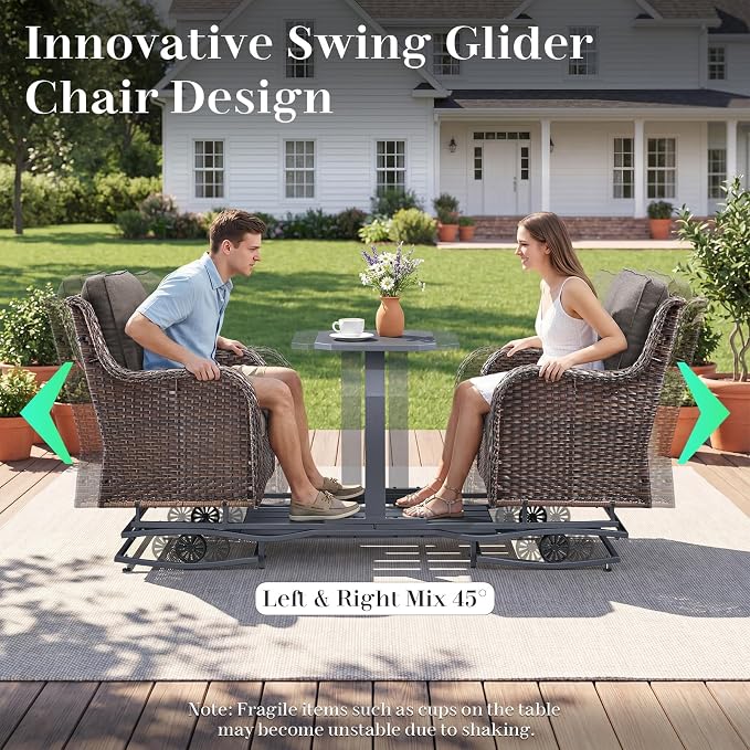 Rilyson Luxury Outdoor Wicker Glider Rocker Chairs for 4 Person, Outdoor Furniture Sets with 2 Piece Wicker Swivel Rocker Chairs, Rattan Glider Rocker Chairs with Table for 2 Seats Brown/Grey