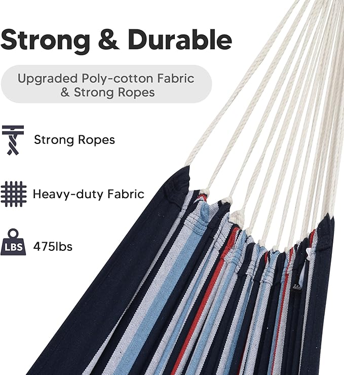 SUNCREAT Hammocks Outdoor Camping Double Hammock, Extra Large 2 Person Hammock for Camping, Navy & Red