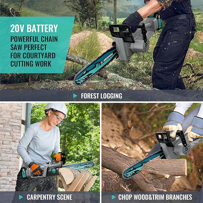 WEMARS 20V Brushles Cordless Chainsaw 12-Inch Lightweight Battery Powered Chainsaws Compact Pruning Electric Chainsaw 4.0AH Lithium-ion 2 Kit-Batteries for Wood Cutting,Garden Tree,Branch Pruning
