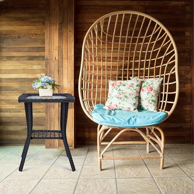 Outdoor Wicker Side Table, Rattan End Table with Glass Top, Patio Coffee Bistro Table for Indoor Garden Porch Balcony (Black)
