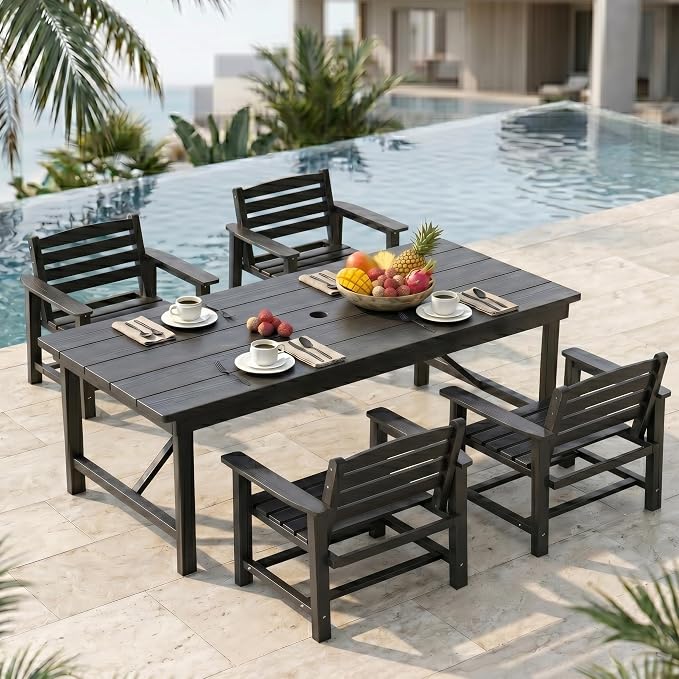 5-Piece Outdoor Dining Set for 4,Black | HDPE table, chairs included, umbrella hole design, weather-resistant furniture, perfect for balcony, deck, backyard