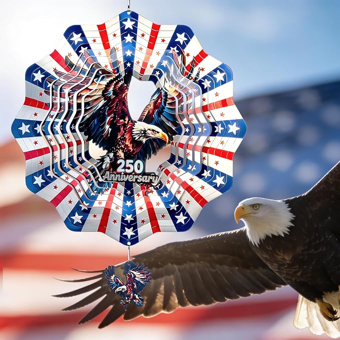 250th Anniversary American Eagle Flag 12 Inch Wind Spinner | Stainless Steel Outdoor Garden Decor with 3D American Flag Design, Hanging Yard Art for Patio & Indoor, Gifts for Men & Dad
