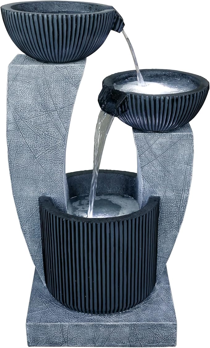 32" Lighted Blue Modern Tiered Outdoor Garden Water Fountain