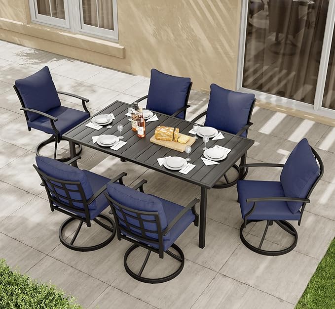 HAPPATIO 7-Piece Patio Dining Set, Outdoor Dining Set with Powder-Coated Metal,Dining Table with Umbrella Hole, 6 Swivel Chairs with Removable Cushions for Porch Poolside Garden,Navy Blue