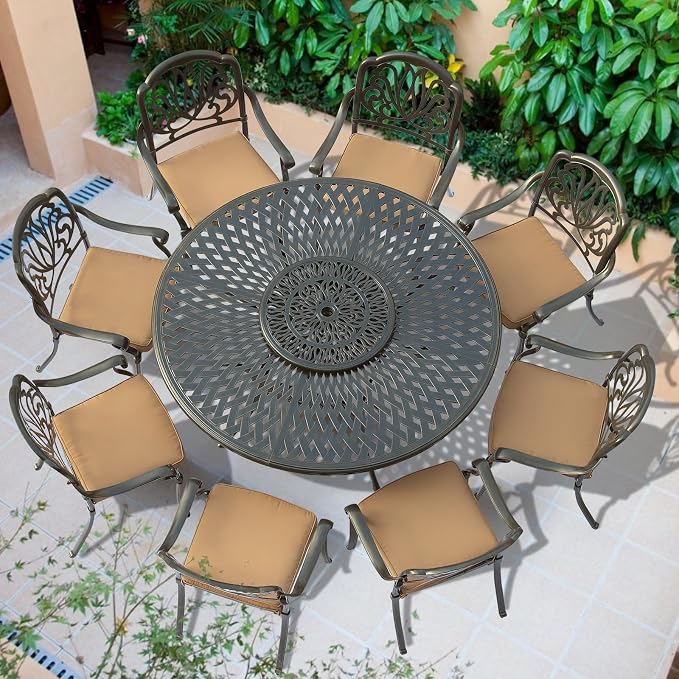 VIVIJASON Outdoor 61" Patio Round Dining Table for 6-8 Person, All Weather Cast Aluminum Patio Dining Table with 24" Lazy Susan and Umbrella Hole for Balcony, Porch and Deck