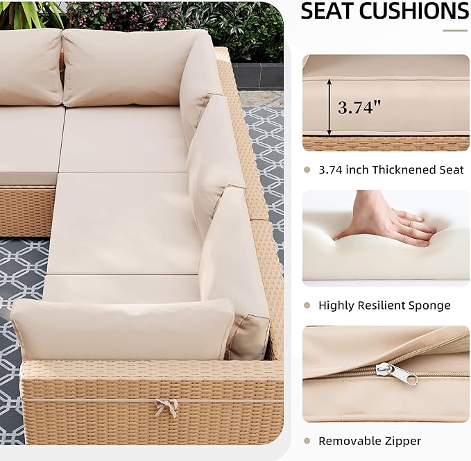 UPHA 5 Pieces Patio Furniture Sets, Wicker Outdoor Sectional Sofa Couch with Coffee Table, Patio Conversation Set for Deck Backyard Garden, Beige Rattan, Beige Cushion