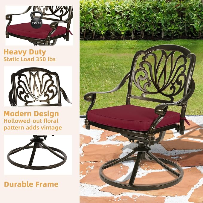 9-Piece Patio Furniture Dining Set, Cast Aluminum Outdoor Conversation Set- 61" Round Patio Dining Table with Detachable Lazy Susan & 8 Cushioned Swivel Rocker, Umbrella Hole, Chili Red